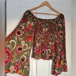 Floral smocked bell sleeve top